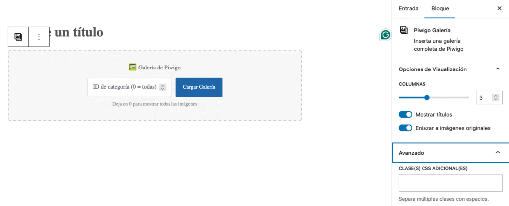 Menú para la inserción de galerías