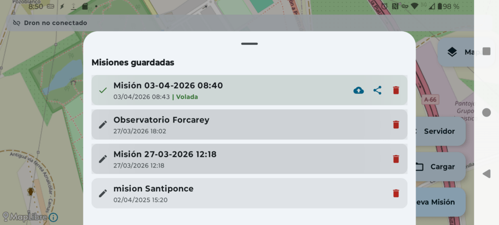Menú de exportación de misiones, tanto ODM como KMZ