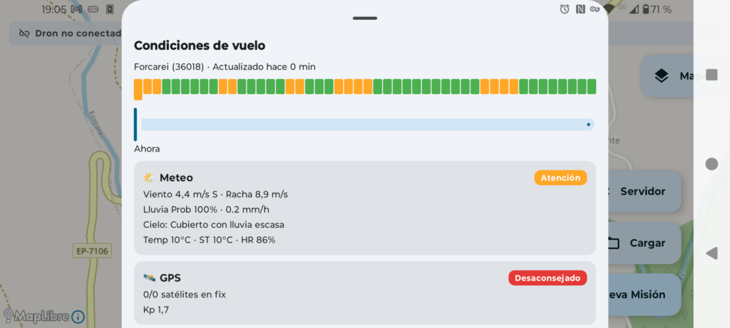 Captura de la pantalla de meteorología y estado de GPS