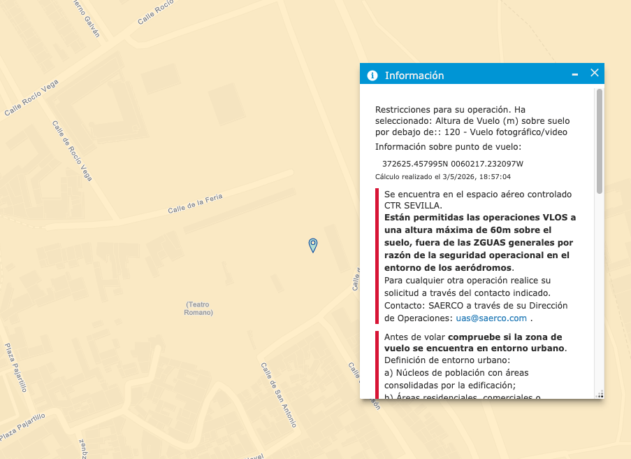 Captura de Enaire Drones con las restricciones para la zona del Teatro Romano de Itálica