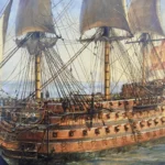 El ‘Santísima Trinidad’, pintado a franjas carmesí y negras, el aspecto que tenía en la batalla de Trafalgar. Pintura de Geoff Hunt.