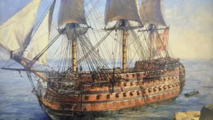 El ‘Santísima Trinidad’, pintado a franjas carmesí y negras, el aspecto que tenía en la batalla de Trafalgar. Pintura de Geoff Hunt.